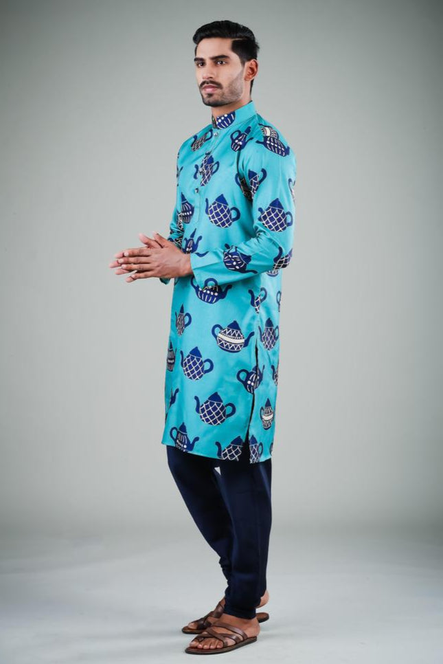 Royal Blue Printed Kurta Pajama | Festive Ethnic Wear for Men Trendy Look