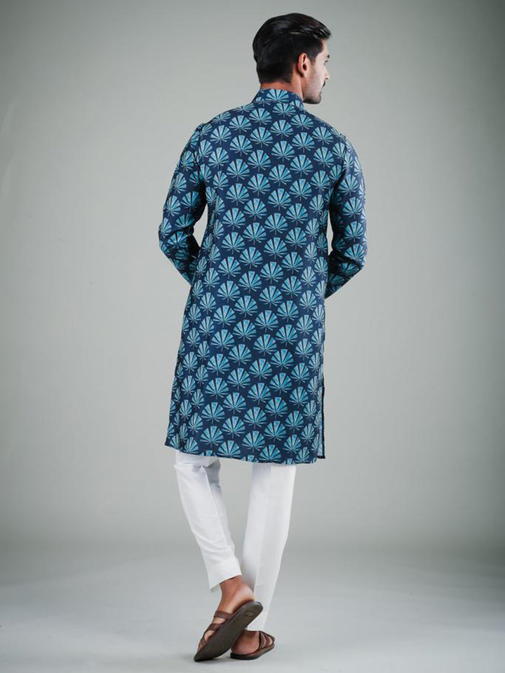 Deep Sea Blue Kurta Pajama for Men | Satin Cotton Printed Set