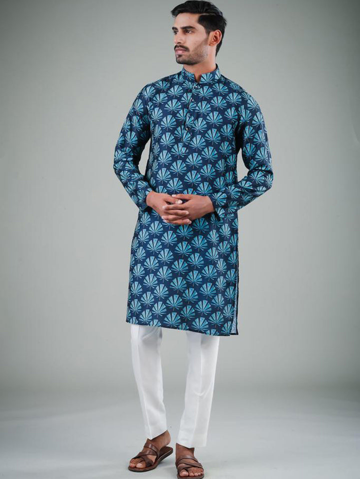 Deep Sea Blue Kurta Pajama for Men | Satin Cotton Printed Set