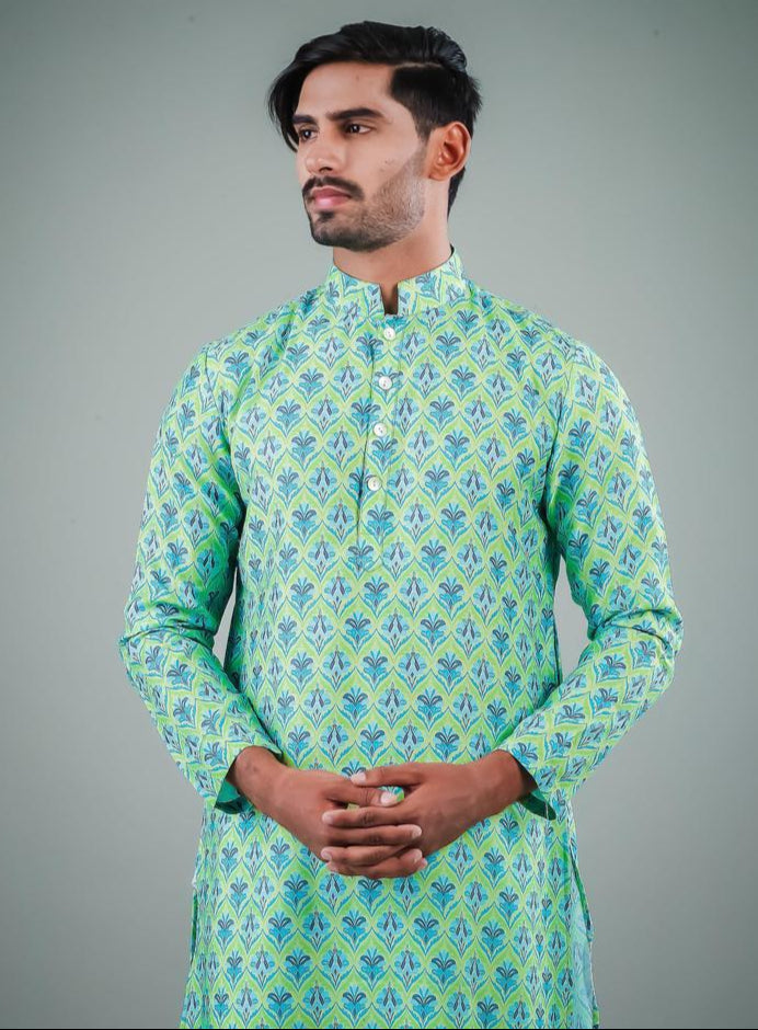 Firozi Green Off White Kurta Pajama | Satin Cotton Printed Set