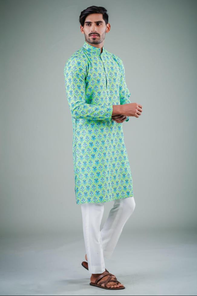 Firozi Green Off White Kurta Pajama | Satin Cotton Printed Set