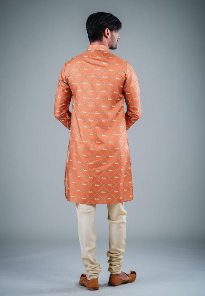 Trendy Orange Off White Kurta Pajama | Satin Cotton & Cotton Combo