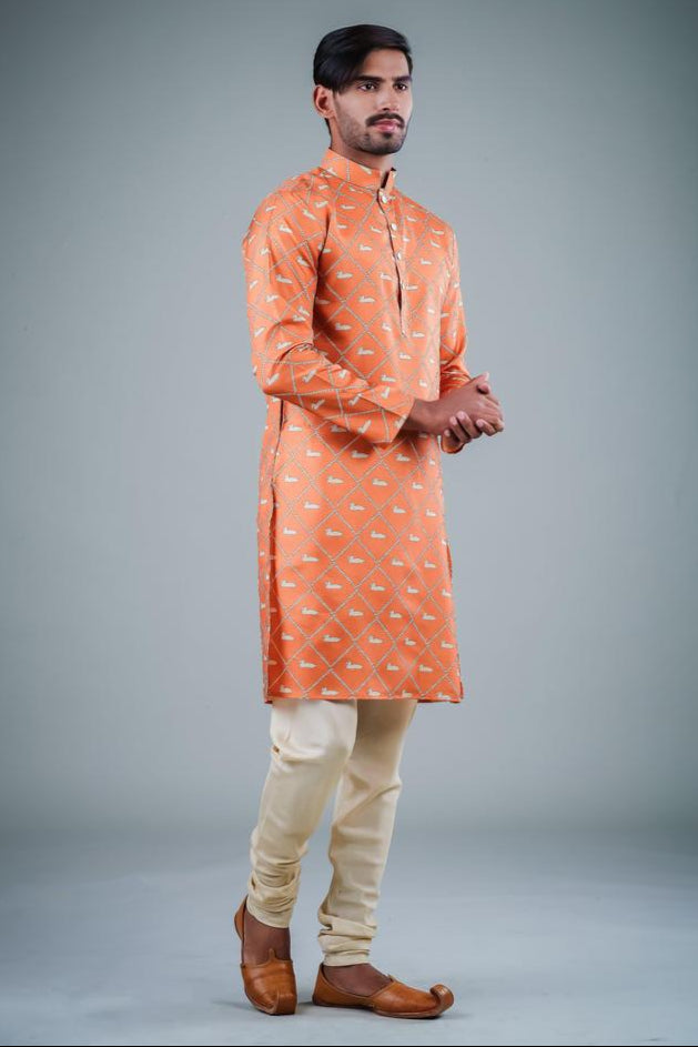 Trendy Orange Off White Kurta Pajama | Satin Cotton & Cotton Combo