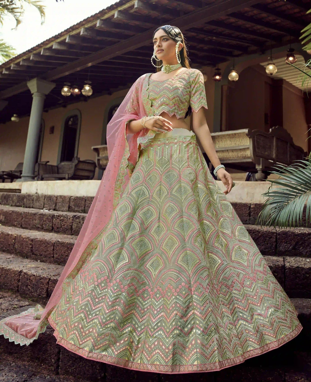 Light Green Organza Lehenga Choli | Gota & Thread Embroidery Work for weddings