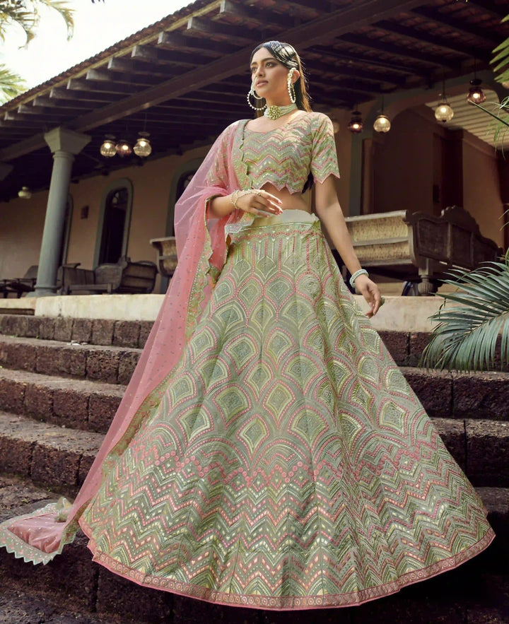 Light Green Organza Lehenga Choli | Gota & Thread Embroidery Work for weddings