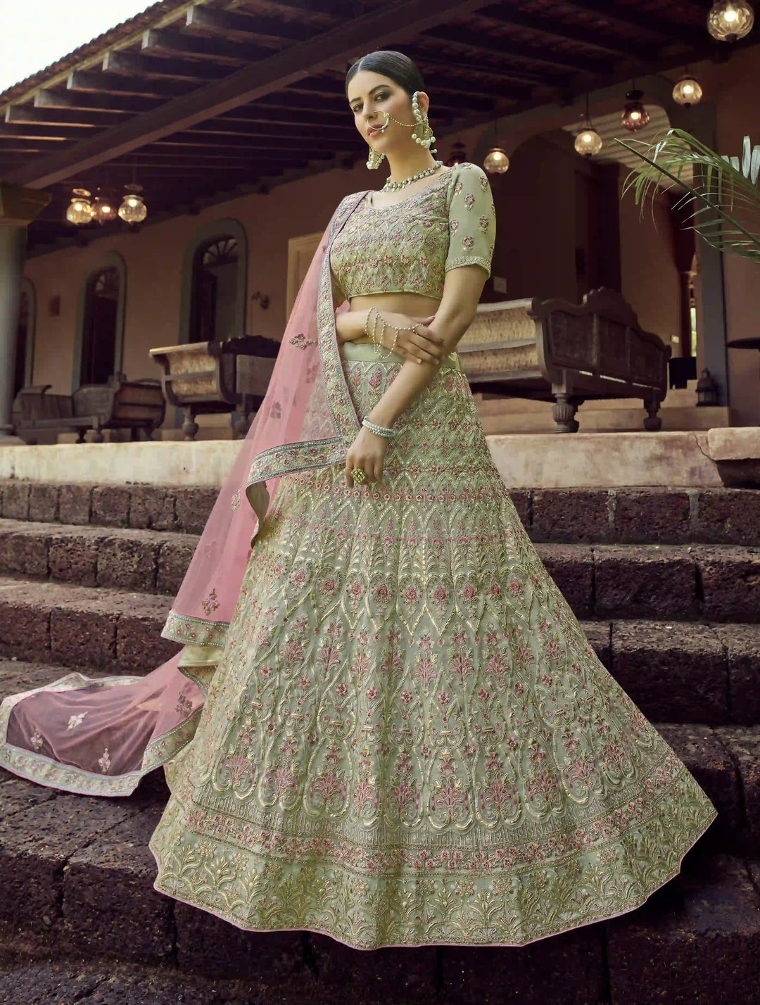 Light Green Georgette Lehenga Choli | Gota & Thread Embroidery Work