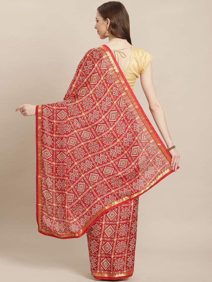 Red Georgette Bandhej-Printed Saree | Elegant Traditional and Pooja Wear
