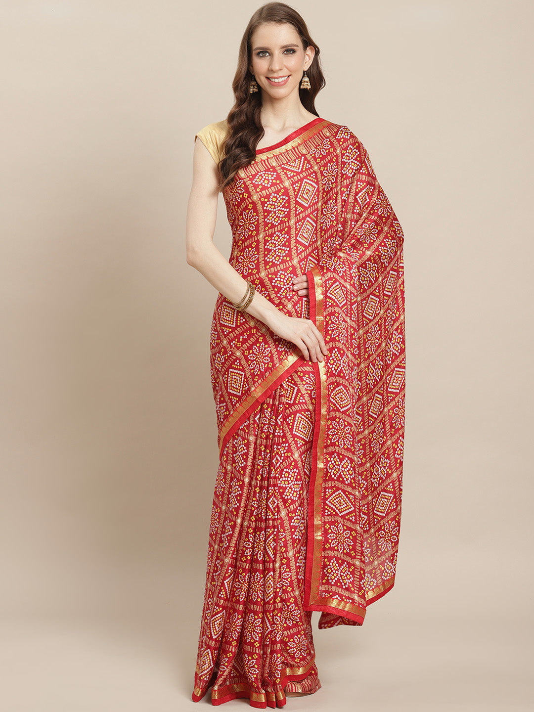 Red Georgette Bandhej-Printed Saree | Elegant Traditional and Pooja Wear
