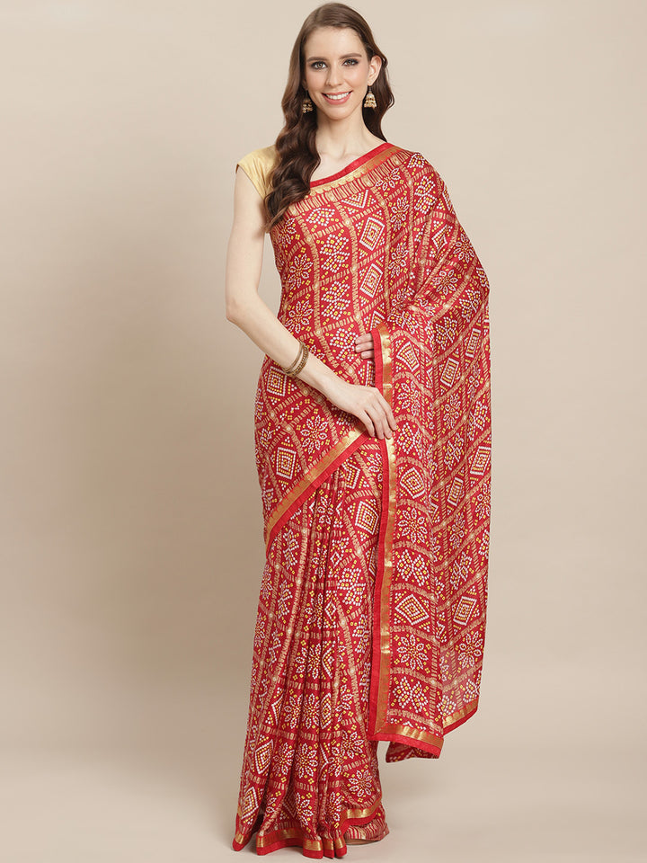 Red Georgette Bandhej-Printed Saree | Elegant Traditional and Pooja Wear