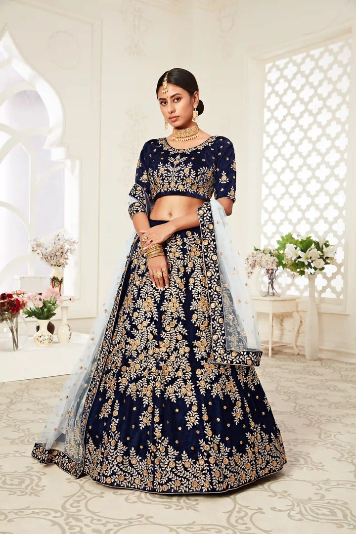 Navy Blue Velvet Lehenga | Diamond Work with Soft Net Dupatta traditional wear