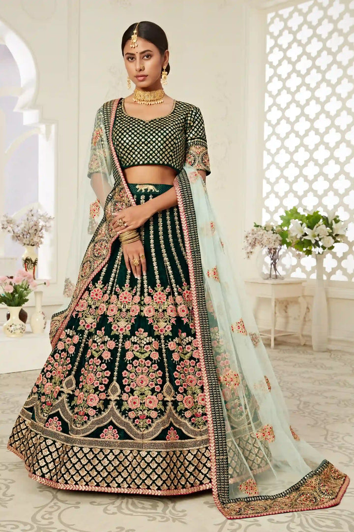 Dark Green Velvet Lehenga Choli | Embroidered Soft Net Dupatta party wear lehenga