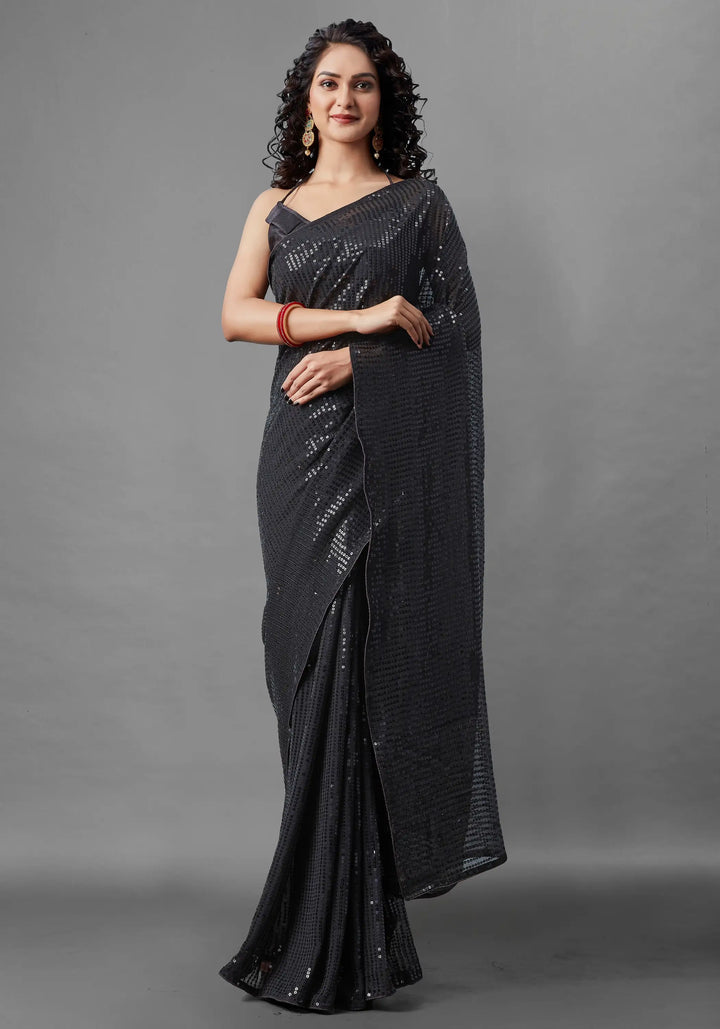 Georgette Saree with Banglori Silk Blouse | Sequined Embroidery Work  Traditional Wedding Party Wear