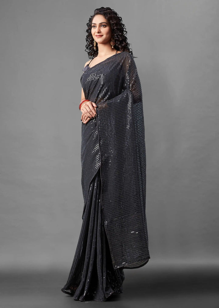Georgette Saree with Banglori Silk Blouse | Sequined Embroidery Work  Traditional Wedding Party Wear