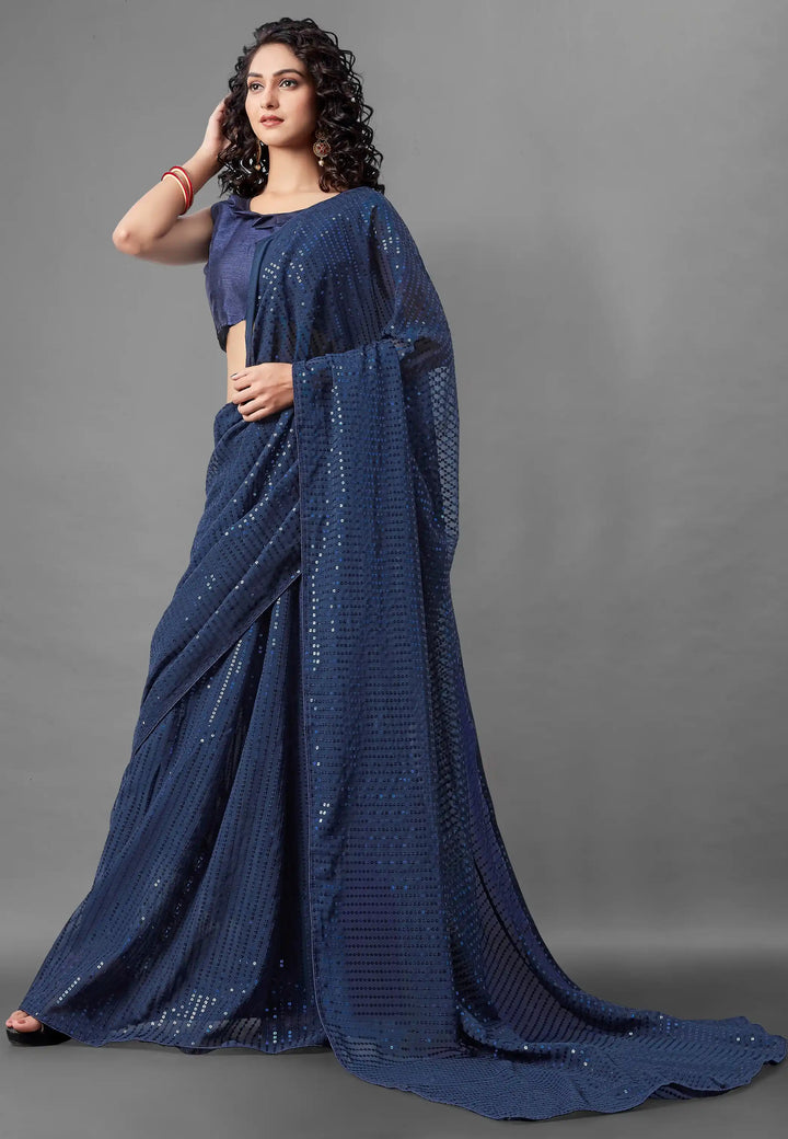 Georgette Saree with Banglori Silk Blouse | Sequined Embroidery Work  Traditional Wedding Party Wear