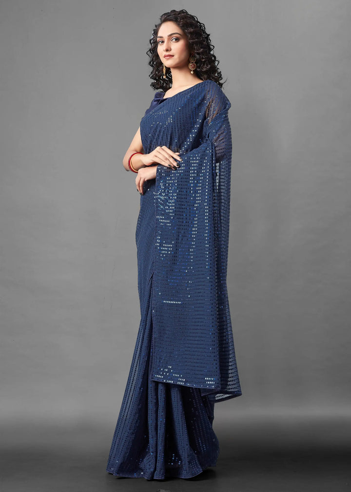 Georgette Saree with Banglori Silk Blouse | Sequined Embroidery Work  Traditional Wedding Party Wear