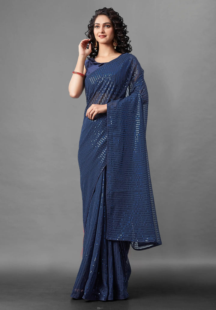 Georgette Saree with Banglori Silk Blouse | Sequined Embroidery Work  Traditional Wedding Party Wear