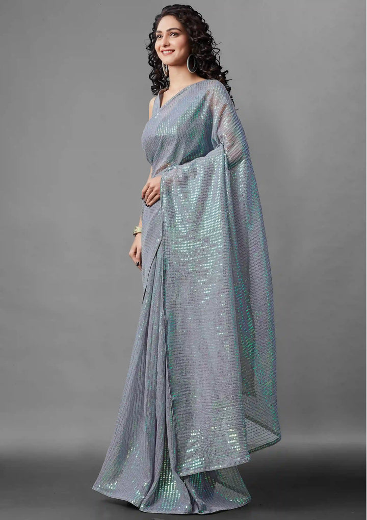 Georgette Saree with Banglori Silk Blouse | Sequined Embroidery Work  Traditional Wedding Party Wear