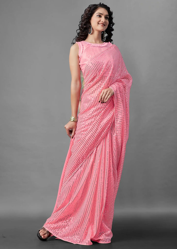 Georgette Saree with Banglori Silk Blouse | Sequined Embroidery Work  Traditional Wedding Party Wear