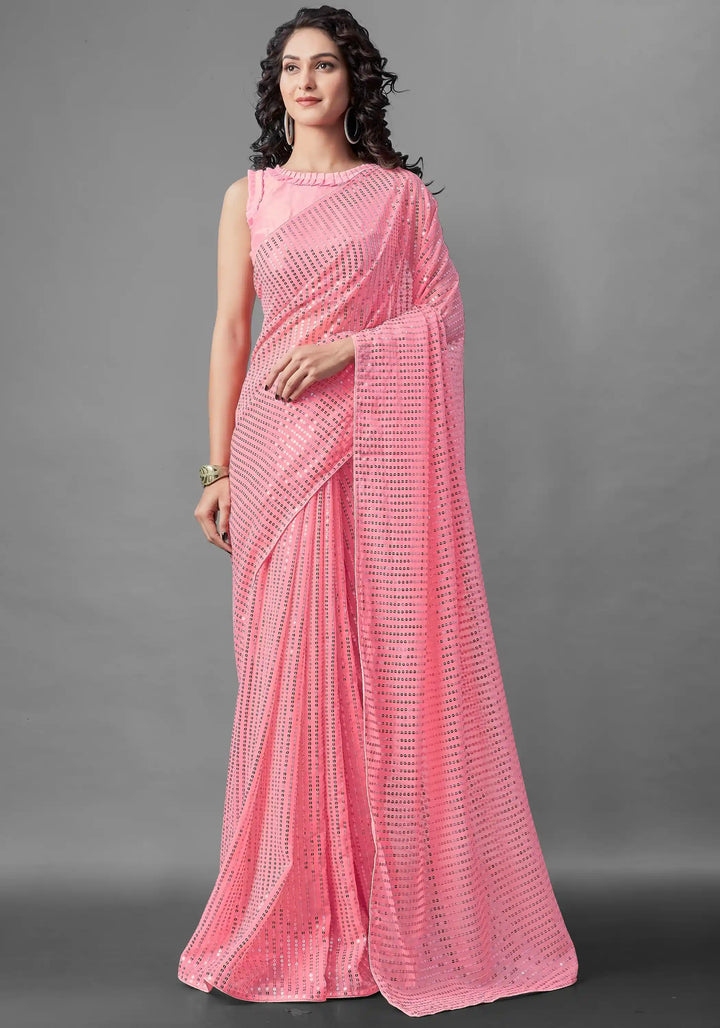 Georgette Saree with Banglori Silk Blouse | Sequined Embroidery Work  Traditional Wedding Party Wear