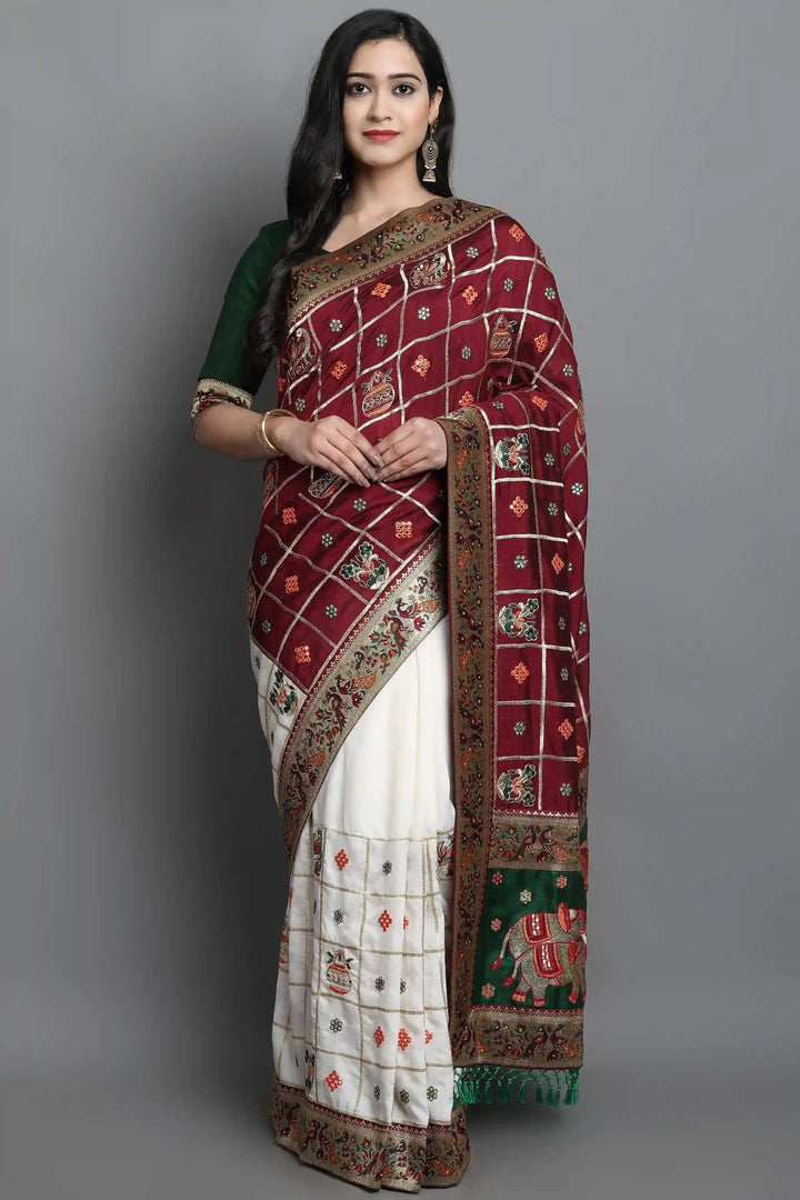 Elegant Soft-Silk Saree | Heavy Embroidery & Diamond Work for Wedding