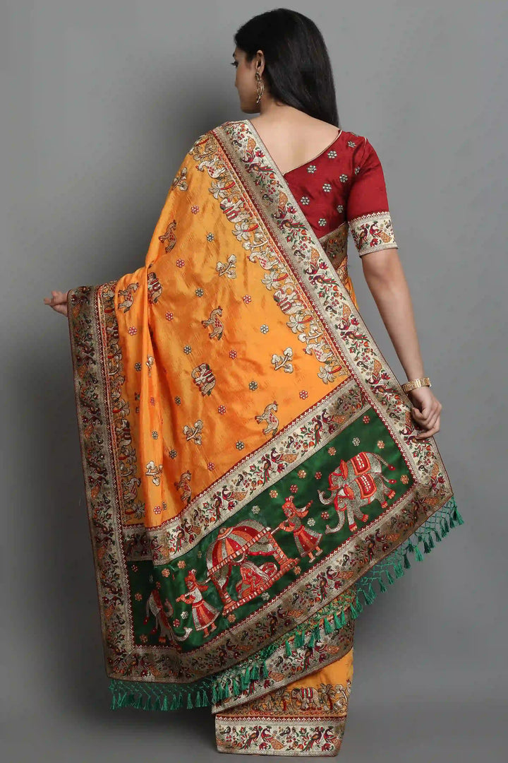 Elegant Soft-Silk Saree | Heavy Embroidery & Diamond Work for Wedding