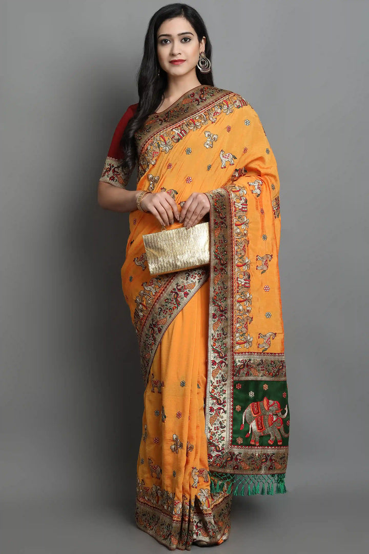 Elegant Soft-Silk Saree | Heavy Embroidery & Diamond Work for Wedding