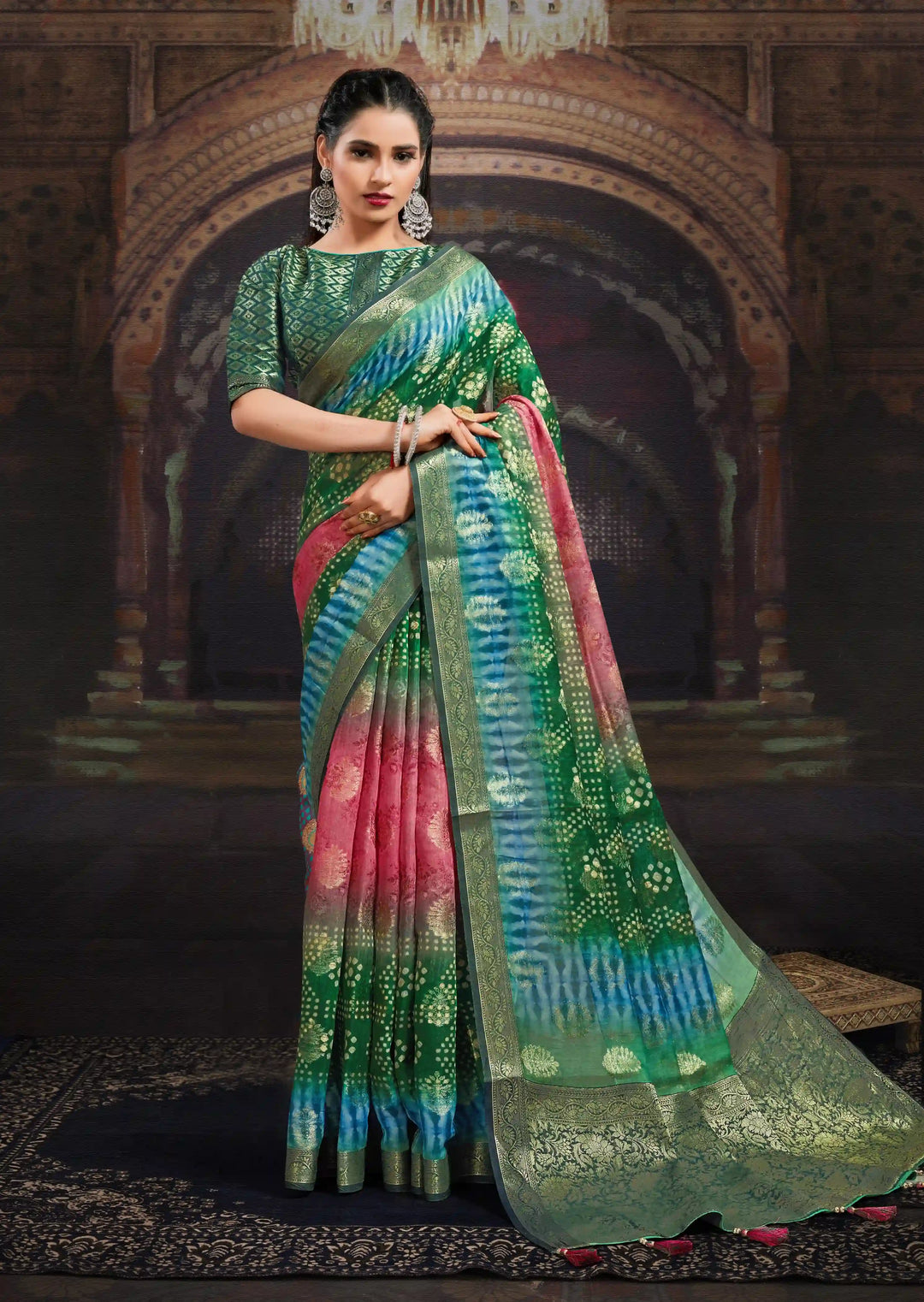Chanderi Saree with Wevon-Jacquard & Bandhej-Printed | Traditional Wear