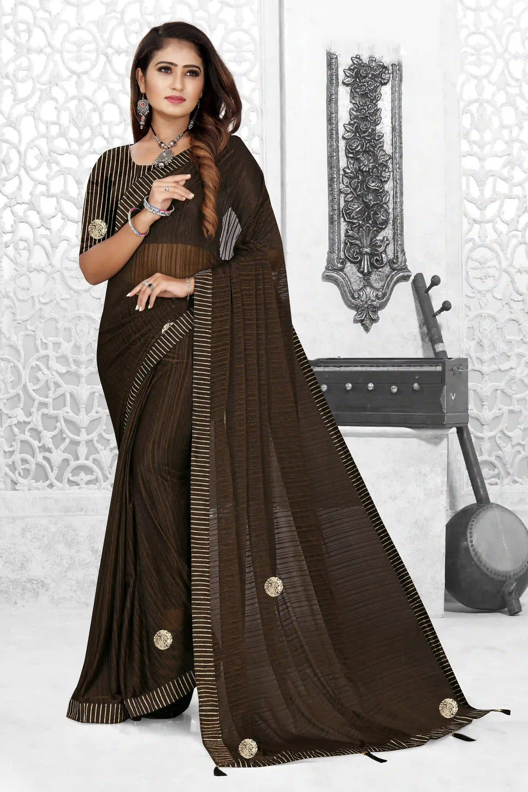 Spandex-Poly Saree with Wevon-Lining Butta Work | Wedding & Party Ready
