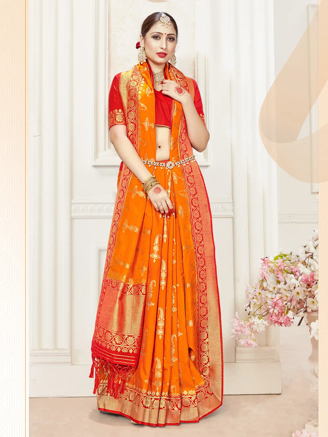 Orange Banarasi Silk Saree | Woven Designer Work & Elegant Blouse Fabric