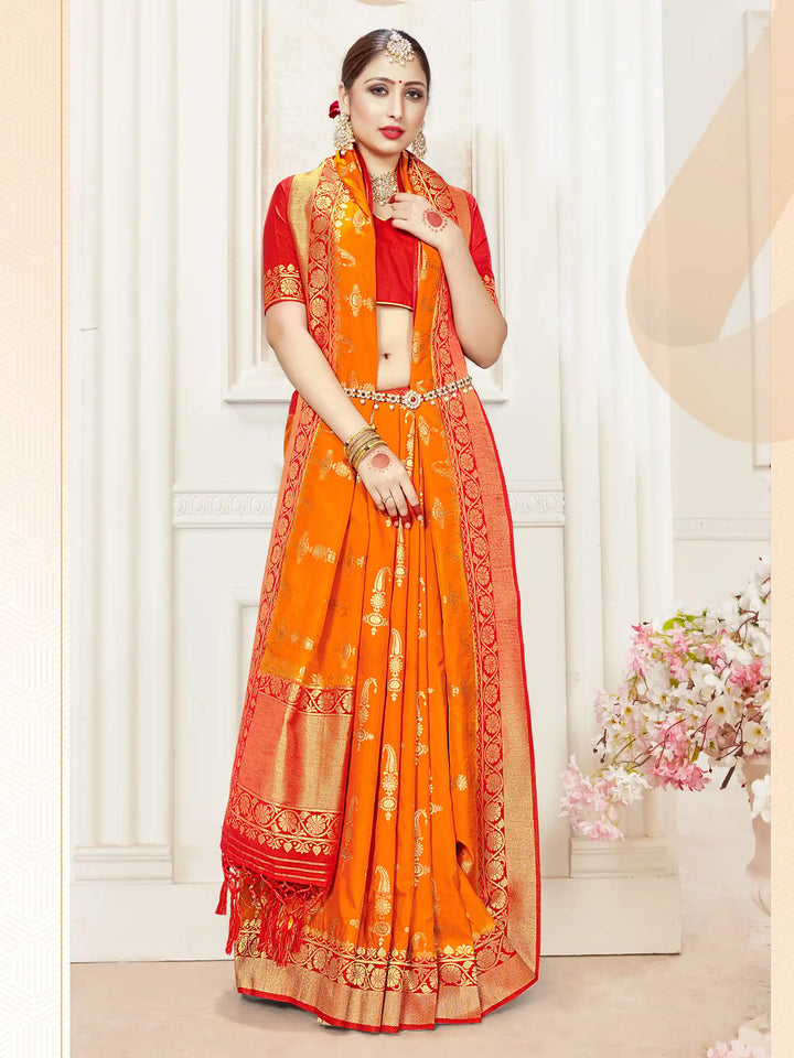 Orange Banarasi Silk Saree | Woven Designer Work & Elegant Blouse Fabric