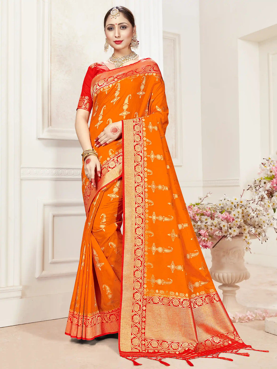 Orange Banarasi Silk Saree | Woven Designer Work & Elegant Blouse Fabric