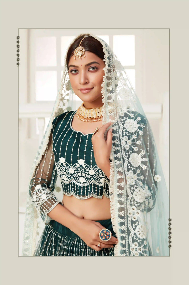 Radiant Green Net Lehenga with Sky Blue Dupatta | A Graceful Addition to Your Wardrobe