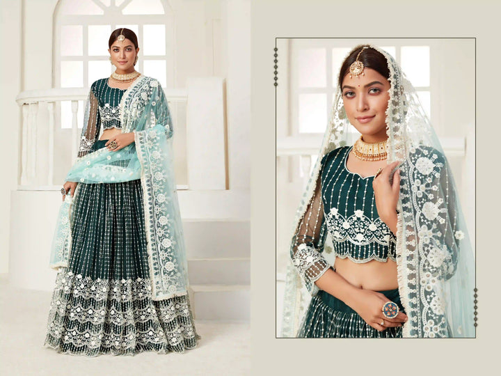 Radiant Green Net Lehenga with Sky Blue Dupatta | A Graceful Addition to Your Wardrobe