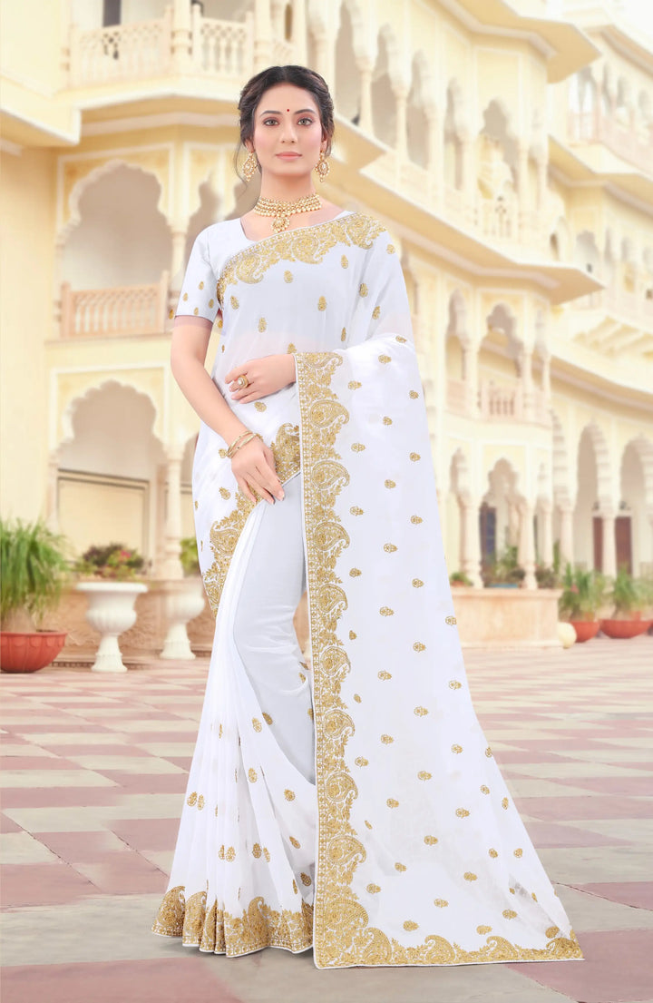 White Georgette Saree with Jari and Stone Embroidery | Perfect for Weddings