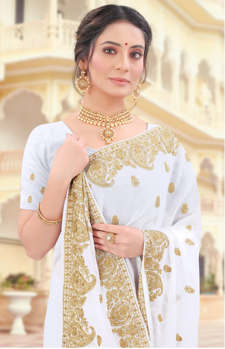 White Georgette Saree with Jari and Stone Embroidery | Perfect for Weddings