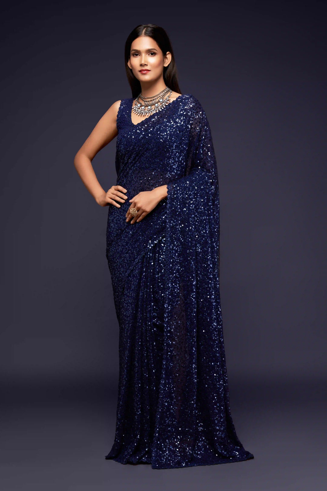 Designer Navy Blue Georgette Saree | Sequins & Embroidery for Event Wear