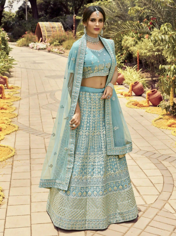 Turquoise Organza Lehenga Choli | Heavy Thread & Gota Work Bridal Wear