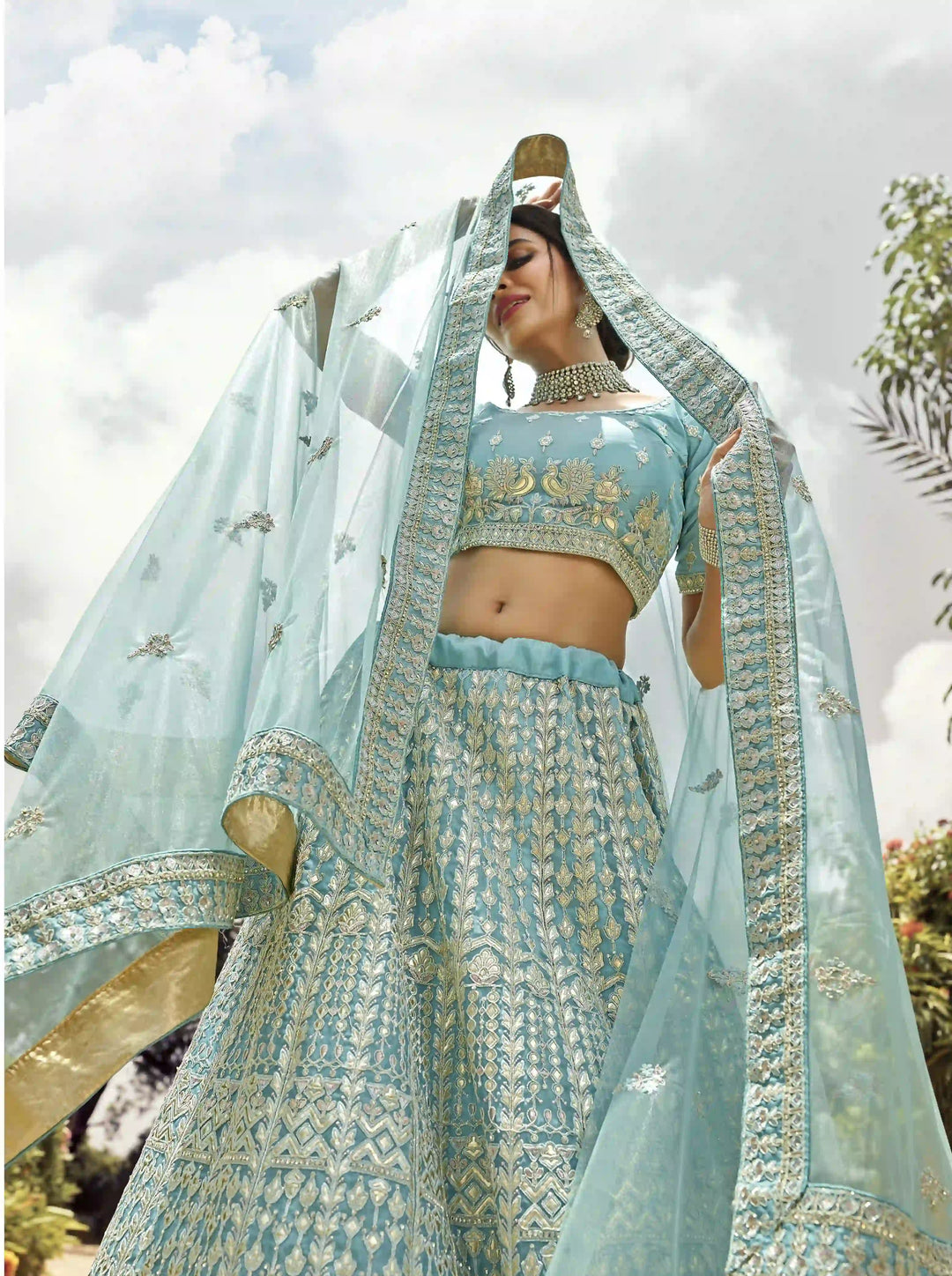 Turquoise Organza Lehenga Choli | Heavy Thread & Gota Work Bridal Wear