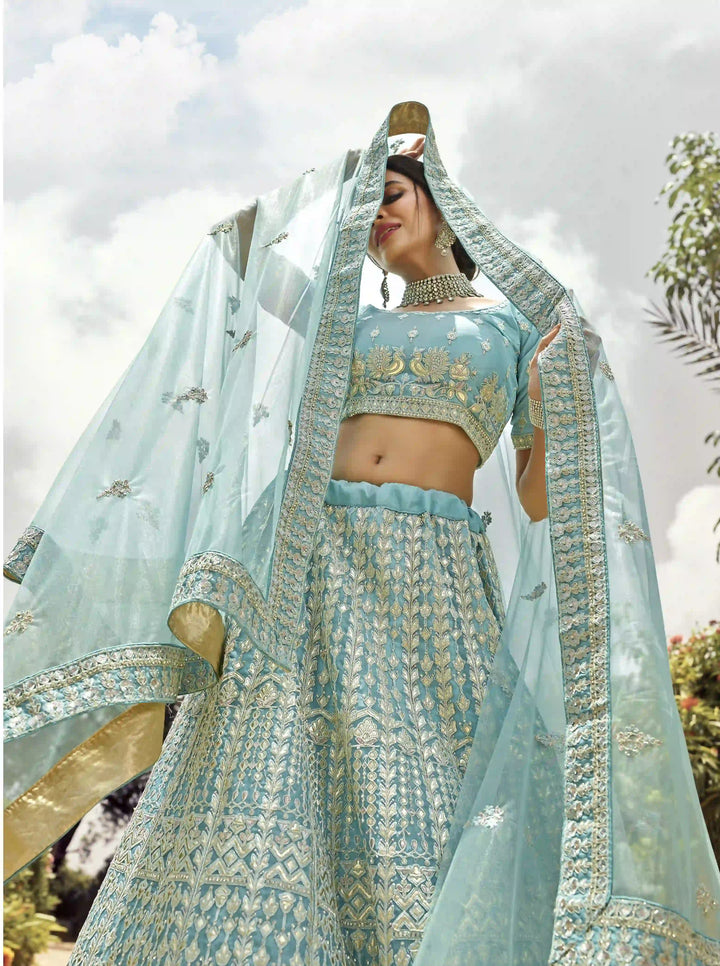 Turquoise Organza Lehenga Choli | Heavy Thread & Gota Work Bridal Wear