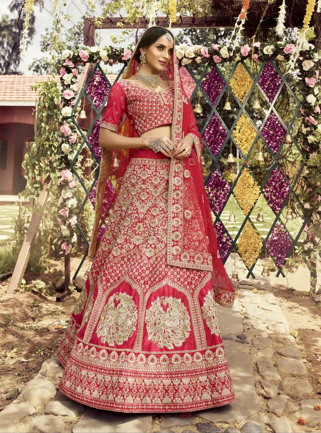 Red Bridal Lehenga Choli | Raw Silk with Zarkan, Jari & Dori Embroidery