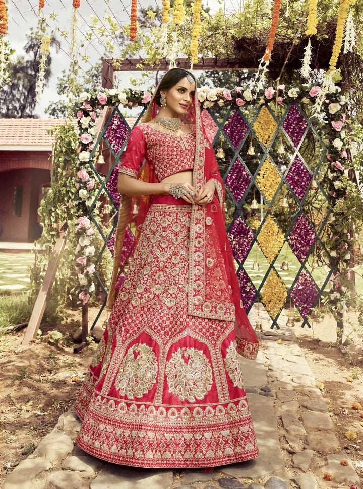 Designer Red Lehenga | Raw Silk with Heavy Embroidery & Zarkan Work