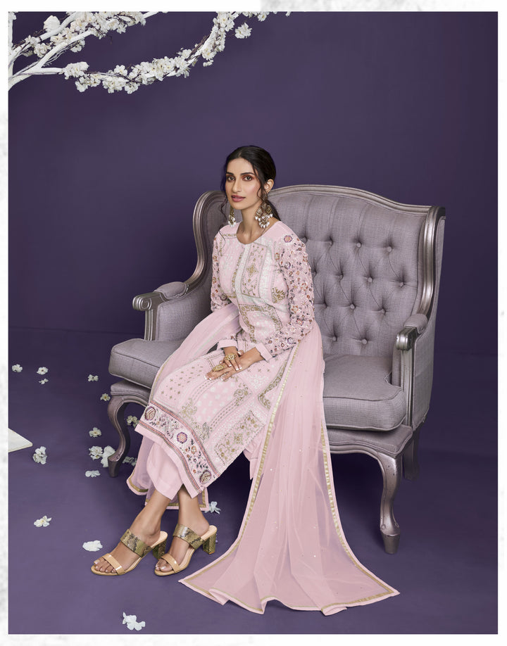 Elegant Long Designer Suit | Thread, Jari & Sequin Embroidery on Georgette