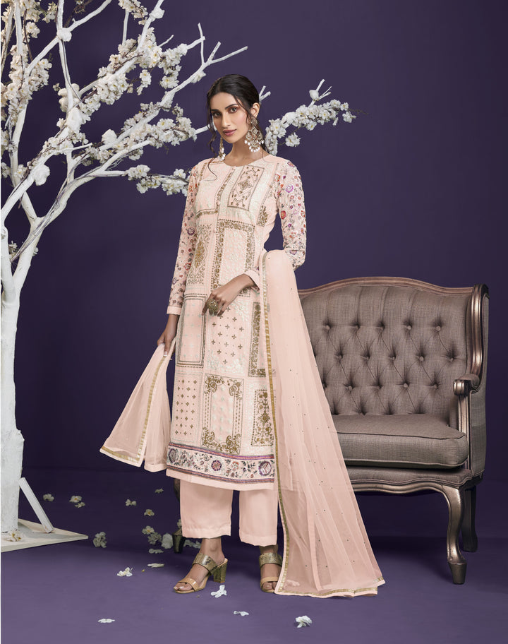 Elegant Long Designer Suit | Thread, Jari & Sequin Embroidery on Georgette