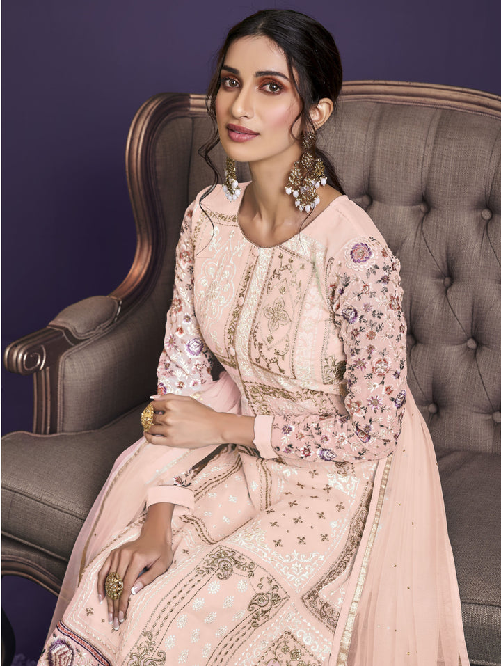 Elegant Long Designer Suit | Thread, Jari & Sequin Embroidery on Georgette