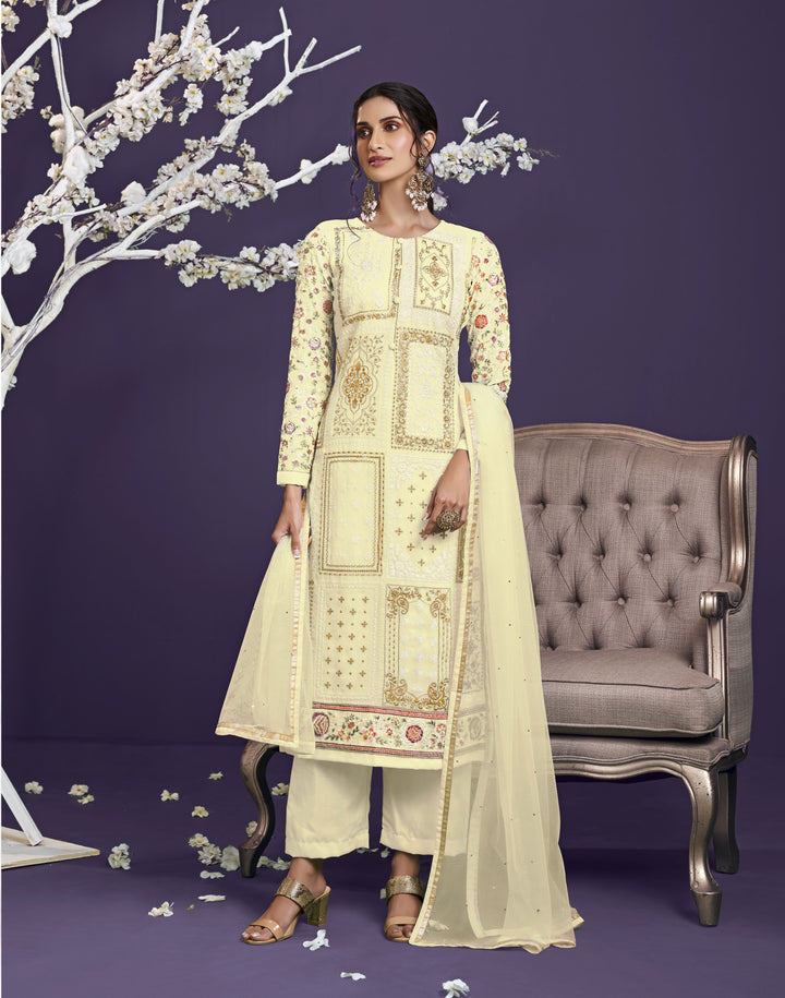 Elegant Long Designer Suit | Thread, Jari & Sequin Embroidery on Georgette