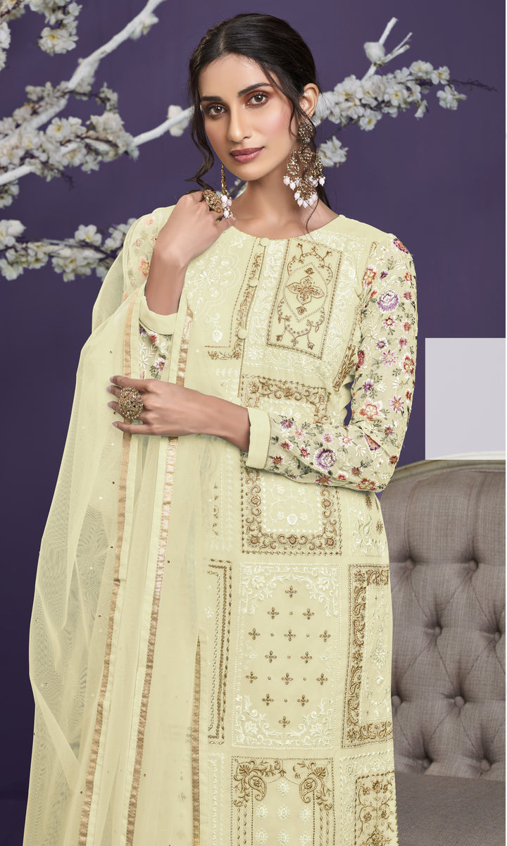 Elegant Long Designer Suit | Thread, Jari & Sequin Embroidery on Georgette