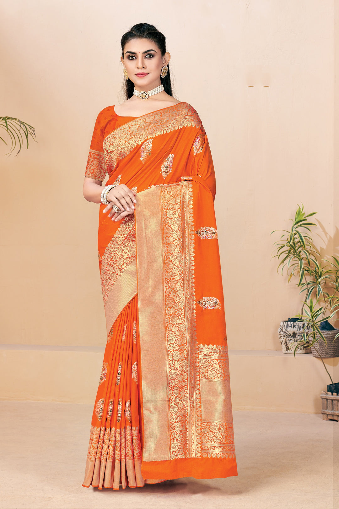 Orange Banarasi Silk Saree | Heavy Woven Designer Work for Traditional Wedding Party