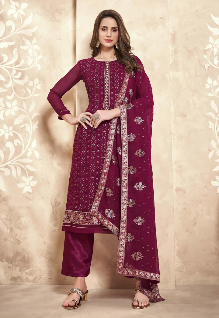 Designer Embroidered Georgette Salwar Kameez | Elegant Three-Quarter Sleeves