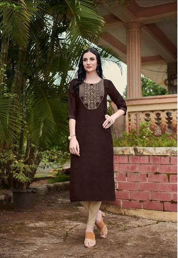 Elegant Brown Nira Cotton Long Kurti | Designer Multicolor Embroidery Work