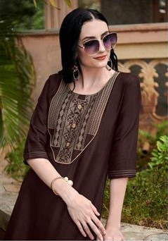 Elegant Brown Nira Cotton Long Kurti | Designer Multicolor Embroidery Work